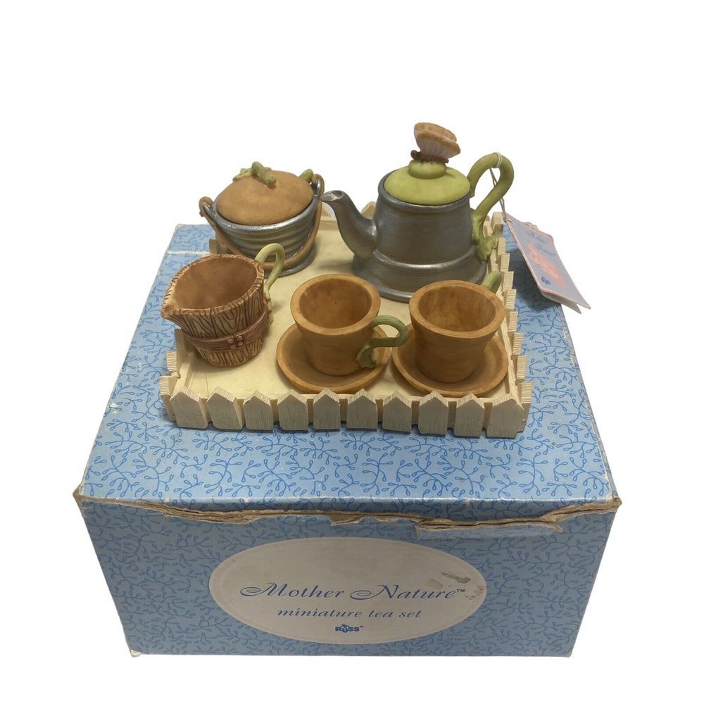 Mother Nature Tea Set miniature collectable nine piece set Russ Berrie &‎ Co Vtg